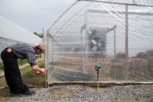 Penn Yan, New York vegetable farmer Nelson Hoover adjusts the height of a sidewall on one of his three high tunnels. The tunnels are frequently used to conduct research trials with Cornell Cooperative Extension educators. 