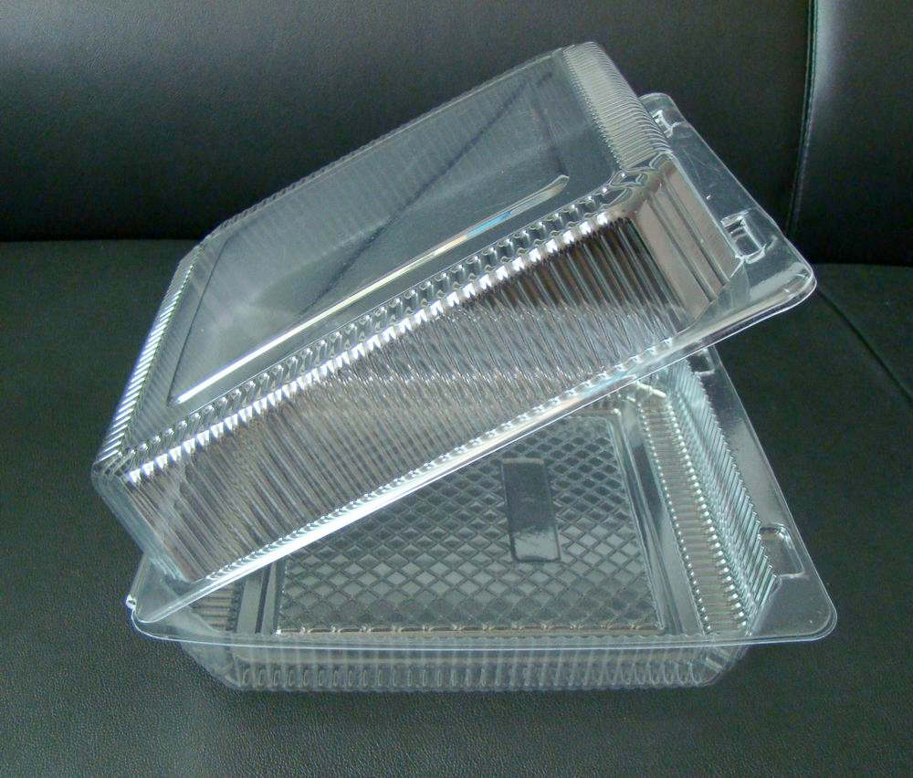 A plastic clamshell container