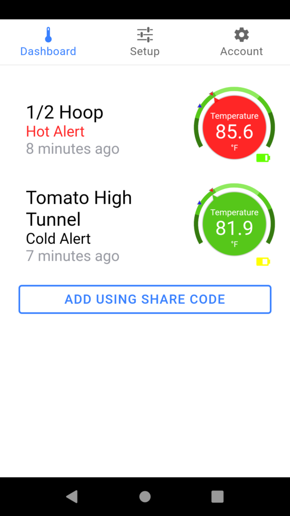 A screenshot of the Zynect sensors app on an Android phone with the dashboard view showing a high temperature alert for one tunnel and a second sensor still below the alert temperature.