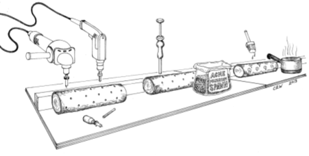 A black-and-white illustration of the inoculation process from drilling to waxing.