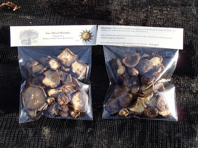 Dried shiitake mushrooms packaged in plastic film bags labeled with details and suggestions for use.