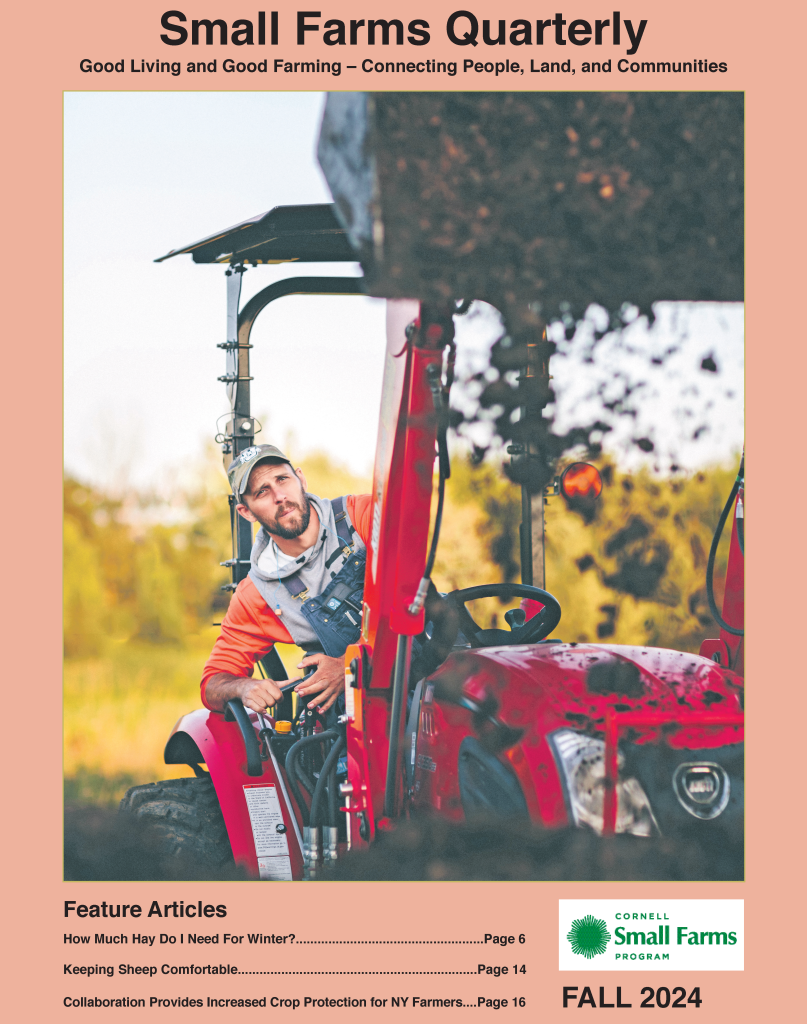 Man on a red tractor operating a front loader, wearing a blue cap and gray long-sleeve shirt. Behind him, a dirt pile is lifted high, capturing moments worthy of an agricultural archive. The cover is for Small Farms Quarterly Fall 2024 edition.