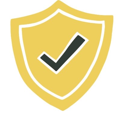 Un ícono de escudo amarillo con una marca de verificación negra en el centro simboliza protección o seguridad, muy similar a las sólidas medidas implementadas en la producción agropecuaria para salvaguardar los cultivos y el ganado.