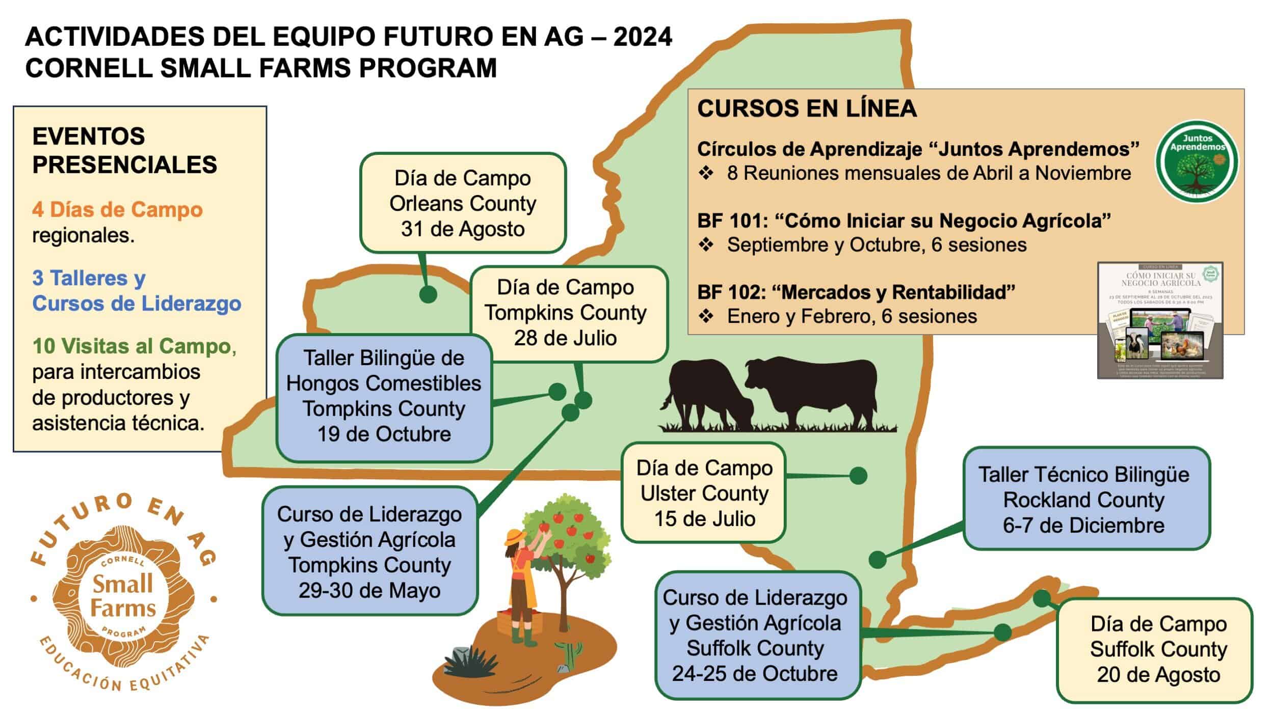 Map of New York showcasing Futuro en Ag 2024 activities by the Cornell Small Farms Program: field days, workshops, and online courses in agriculture. Events span from May to September in Orleans, Suffolk, and Dutchess Counties. Details available in Spanish.
