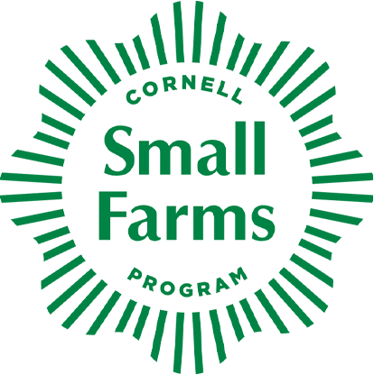 Green square logo with a white circular seal in the center. Inside the seal, green text reads Cornell Small Farms Program, representing their dedication to supporting small farms courses and agricultural education.